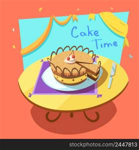 Bakery cartoon with sweet holiday layered cake on table retro style vector illustration. Bakery cartoon illustration
