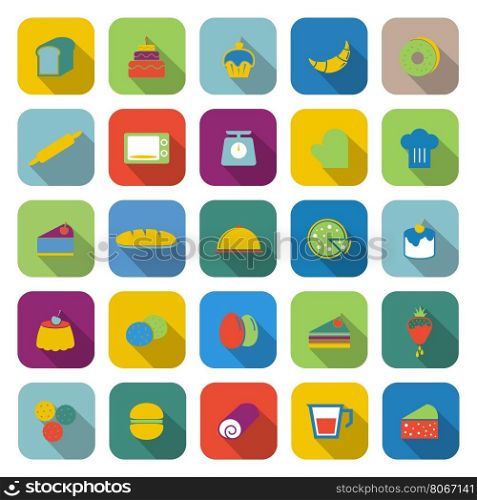Bakery color icons with long shadow, stock vector