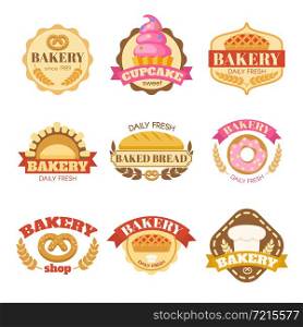 Bakery colorful flat emblems with wheat pie cupcake bagel bread donut and inscriptions isolated vector illustration . Bakery Colorful Flat Emblems