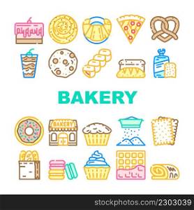 Bakery Delicious Dessert Food Icons Set Vector. Bakery Pretzel And Cake Pie With Cherry And Cream, Creamy Muffin And Donut, Pastry Bun And Bread Toast Line. Sweet Nutrition Color Illustrations. Bakery Delicious Dessert Food Icons Set Vector
