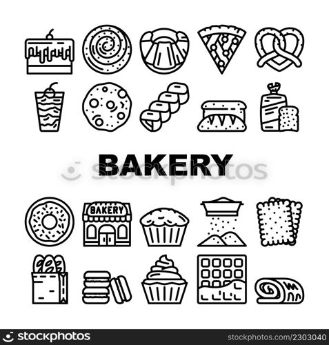 Bakery Delicious Dessert Food Icons Set Vector. Bakery Pretzel And Cake Pie With Cherry And Cream, Creamy Muffin And Donut, Pastry Bun And Bread Toast Black Contour Illustrations. Bakery Delicious Dessert Food Icons Set Vector