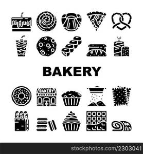 Bakery Delicious Dessert Food Icons Set Vector. Bakery Pretzel And Cake Pie With Cherry And Cream, Creamy Muffin And Donut, Pastry Bun And Bread Toast Glyph Pictograms Black Illustrations. Bakery Delicious Dessert Food Icons Set Vector