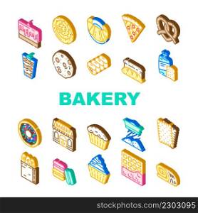 Bakery Delicious Dessert Food Icons Set Vector. Bakery Pretzel And Cake Pie With Cherry And Cream, Creamy Muffin And Donut, Pastry Bun And Bread Toast Isometric Sign Color Illustrations. Bakery Delicious Dessert Food Icons Set Vector
