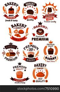 Bakery, desserts and pastry badges or emblems with assorted bakery icons as bread, cake, cupcake, pretzel, donut and dough. Many incorporating ears of wheat, vector on white. Bakery and pastry badges or emblems