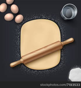 Bakery dough. Realistic wheat flour, eggs, salt and bakery mass with wooden rolling pin on the table. Vector illustration homemade bakery set for patisserie and cafe poster on black background. Bakery dough. Realistic wheat flour, eggs, salt and bakery mass with wooden rolling pin on the table. Vector bakery set for patisserie and cafe poster
