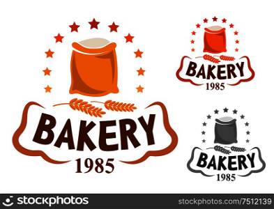 Bakery emblem showing bag of flour, surrounded by golden stars and wheat ears with header Bakery and foundation date below. Bakery emblem with flour and wheat ears