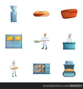 Bakery factory icon set. Cartoon set of 9 bakery factory vector icons for web design isolated on white background. Bakery factory icon set, cartoon style