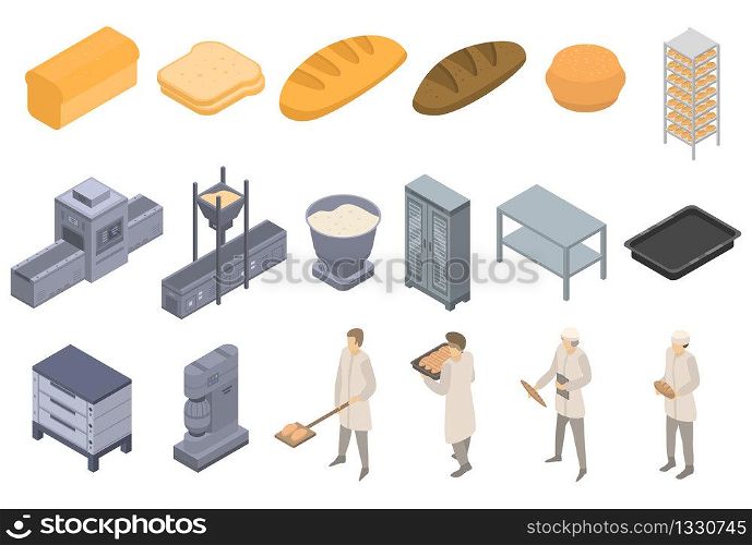 Bakery factory icons set. Isometric set of bakery factory vector icons for web design isolated on white background. Bakery factory icons set, isometric style