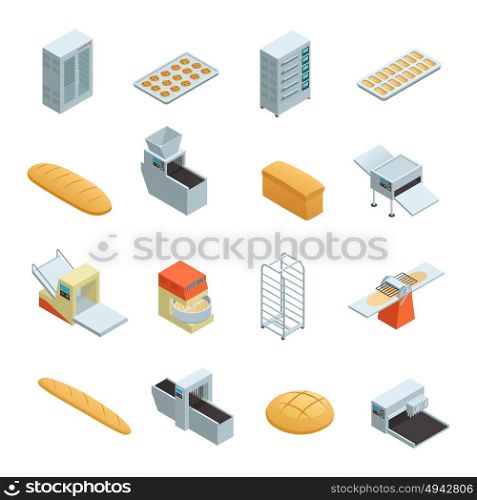 Bakery Factory Isometric Icon Set. Colored and isolated bakery factory isometric icon set with elements and tools for baking bread vector illustration