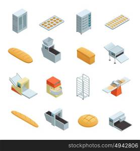 Bakery Factory Isometric Icon Set. Colored and isolated bakery factory isometric icon set with elements and tools for baking bread vector illustration