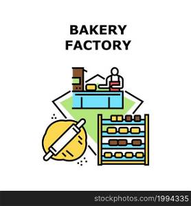 Bakery Factory Vector Icon Concept. Bakery Factory Worker Preparing Dough For Baking Pastry Cookies And Cakes, Work Man Controlling Quality On Conveyor Plant Equipment Color Illustration. Bakery Factory Vector Concept Color Illustration
