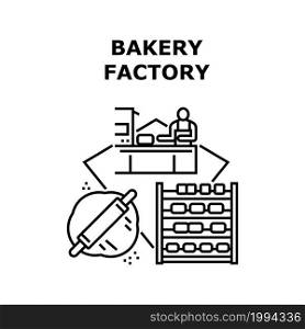 Bakery Factory Vector Icon Concept. Bakery Factory Worker Preparing Dough For Baking Pastry Cookies And Cakes, Work Man Controlling Quality On Conveyor Plant Equipment Black Illustration. Bakery Factory Vector Concept Black Illustration