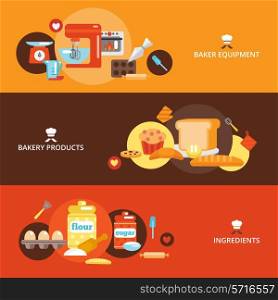 Bakery flat banner set with products ingredients baker equipment isolated vector illustration.