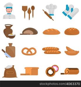Bakery flat icons set with bread and pastry symbols isolated vector illustration. Bakery icons set