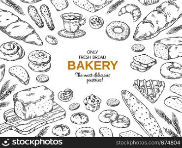 Bakery frame. Hand drawn bread and cookies banner for menu, sweet pies and cakes doodle design template. Vector vintage bakery set. Bakery frame. Hand drawn bread and cookies banner for menu, sweet pies and cakes doodle design template. Vector bakery set
