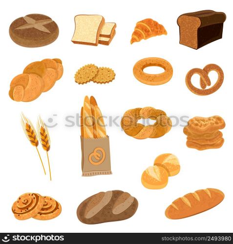 Bakery fresh bread varieties assortment flat icons collection with loaf and french baguette abstract isolated vector illustration. Fresh Bread Flat Icons Set