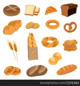 Bakery fresh bread varieties assortment flat icons collection with loaf and french baguette abstract isolated vector illustration. Fresh Bread Flat Icons Set