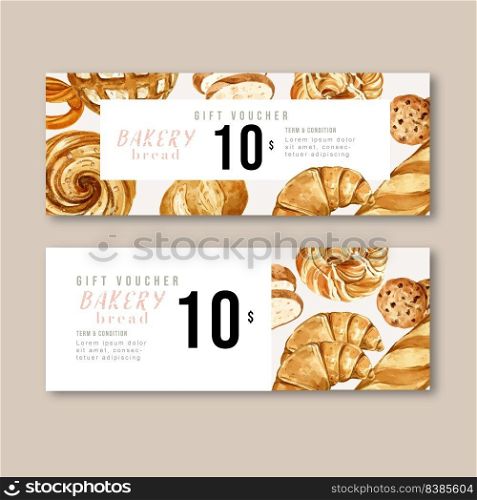 Bakery Gift voucher template. Bread and bun collection. home made , creative watercolor vector illustration design