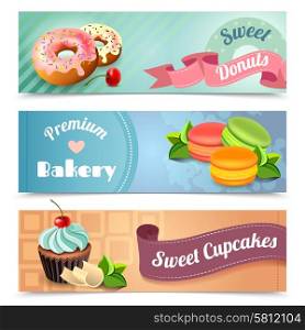 Bakery horizontal banners set with sweet donuts and cupcakes elements isolated vector illustration. Bakery Banners Set