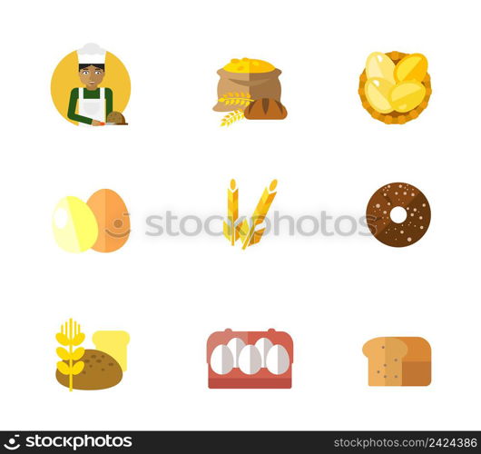 Bakery icon set. Baker cutting bread Grain Eggs in basket Two eggs Wheat ear Finnish round rye bread Loafs and wheat Eggs in cartoon package Bread