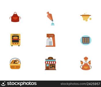 Bakery Icon Set. Welding Apron Pastry Bag Rolling Pin Oven With Pie Kitchen Mixer Bun Sheet Pan Bread Basket Bakery Shop Baker Clothing