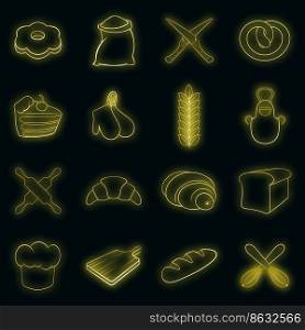 Bakery icons in neon style. Bread set collection isolated vector illustration. Bakery icons set vector neon