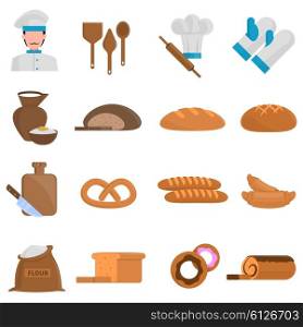 Bakery icons set. Bakery flat icons set with bread and pastry symbols isolated vector illustration