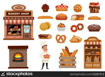 Bakery Icons Set . Bakery icons set with cook figurine bakery shop and baked goods collection flat isolated vector illustration