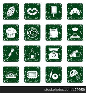 Bakery icons set in grunge style green isolated vector illustration. Bakery icons set grunge