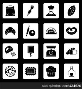 Bakery icons set in white squares on black background simple style vector illustration. Bakery icons set squares vector