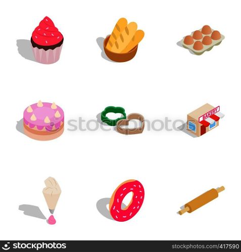 Bakery icons set. Isometric 3d illustration of 9 bakery vector icons for web. Bakery icons set, isometric 3d style