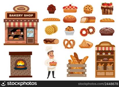 Bakery icons set with cook figurine bakery shop and baked goods collection flat isolated vector illustration . Bakery Icons Set