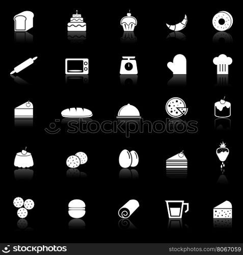 Bakery icons with reflect on black background, stock vector