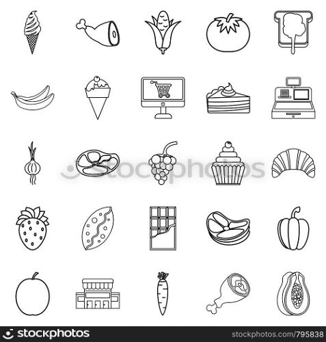 Bakery in the grocery icons set. Outline set of 25 bakery in the grocery vector icons for web isolated on white background. Bakery in the grocery icons set, outline style