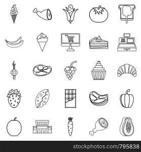 Bakery in the grocery icons set. Outline set of 25 bakery in the grocery vector icons for web isolated on white background. Bakery in the grocery icons set, outline style
