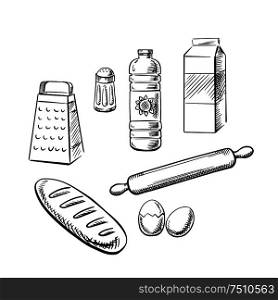 Bakery ingredients and kitchen utensil with milk pack, bottle of sunflower oil, eggs, salt, grater, rolling pin and long loaf of bread. Sketch icons for recipe book or baking theme design. Bakery ingredients and utensil icons