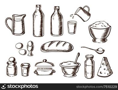 Bakery ingredients with butter, flour, salt, dough, sugar milk, eggs, cheese around a loaf of white bread. Sketch icons. Bakery and bread ingredients sketches