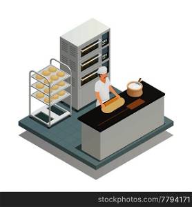 Bakery isometric composition with baker rolling out dough by rolling pin for baking bread vector illustration. Bakery Isometric Composition
