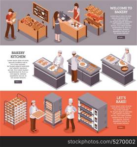 Bakery Isometric Horizontal Banners. Bakery isometric horizontal banners with bakers in bakehouse kitchen equipment for cooking and fresh goods counters in bakery vector illustration