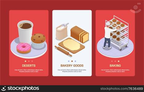 Bakery isometric vertical banners set with fresh bread desserts rolling pin and baker 3d isolated vector illustration