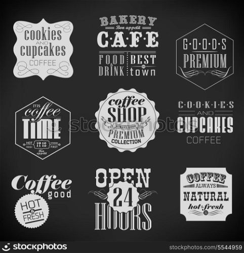 bakery labels and typography, coffee shop, cafe, menu design elements, chalk calligraphic drawing with chalk on blackboard
