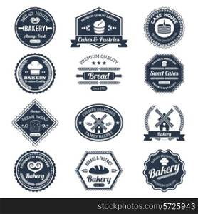 Bakery labels black set with premium quality bread and cakes emblems isolated vector illustration