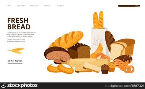 Bakery landing page. Fresh bread web page template. Vector bread and buns. Bakery landing page