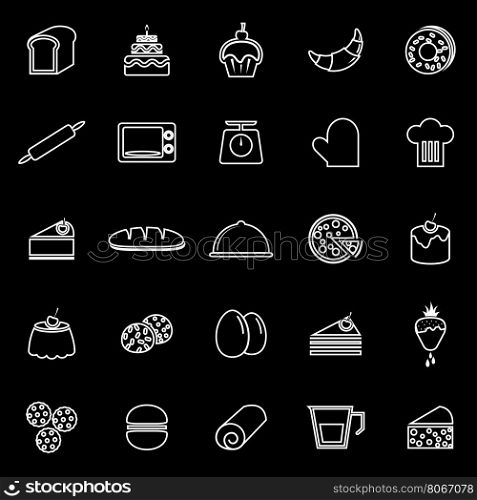 Bakery line icons on black background, stock vector