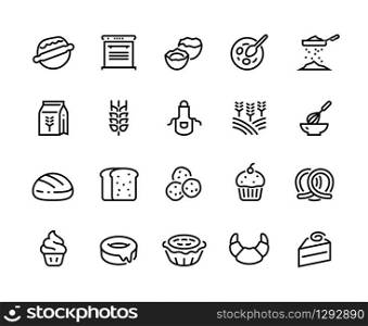 Bakery line icons. Wheat flour eggs and sugar ingredient for home bread croissant muffin cake and donut. Vector set illustration cook foods symbol. Bakery line icons. Wheat flour eggs and sugar ingredient for home bread croissant muffin cake and donut. Vector set