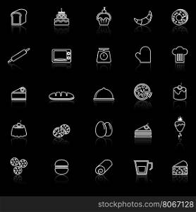 Bakery line icons with reflect on black background, stock vector
