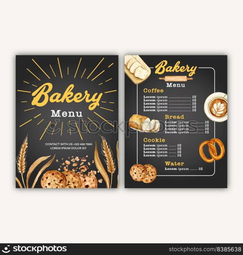 Bakery menu template. Bread and bun collection. home made , creative watercolor vector illustration design