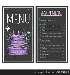 Bakery Menu Vintage Style. Bakery menu with flour products and beverages on black background with stains vintage style vector illustration