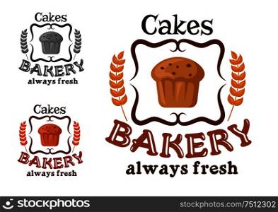 Bakery or pastry shop sign with cupcake, raisins, ornamental swirls and wheat with text Always Fresh Cakes. Bakery shop sign with cupcake and wheat