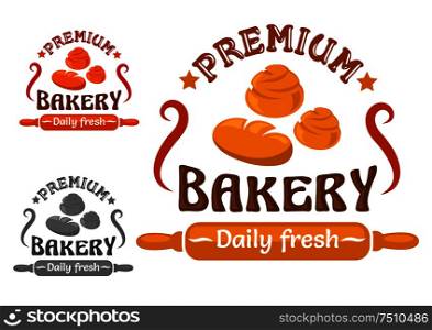 Bakery or pastry shop sign with round loaves of wheat bread and sweet buns, decorated by stars and rolling pin with text Daily Fresh . Bakery shop sign with buns and rolling pin